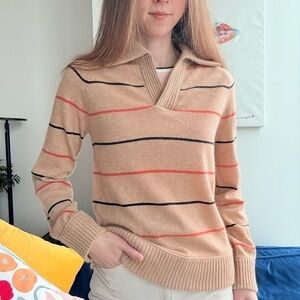 Madeleine Thompson Wool Cashmere Beige Stripes Collar Long Sleeve Sweater M